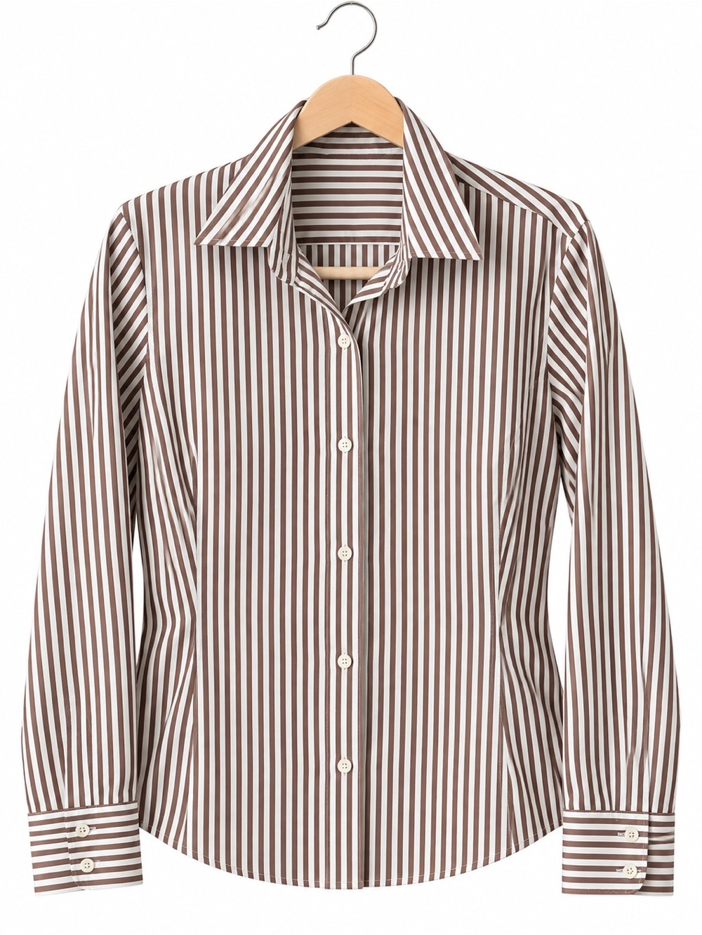 Facconable Women’s Brown and White Striped Button-Up Shirt-L